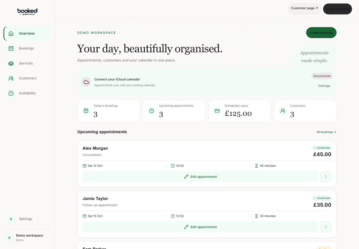 Booked’s real appointment dashboard showing illustrative demo appointments, overview metrics and customer cards